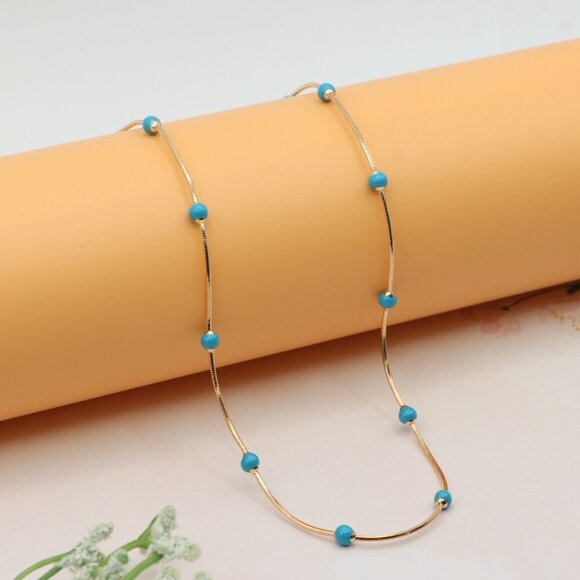 Rose Gold Chain Necklace with Blue Beads Elegant Style, XPNL0256 - Picture 8 of 12